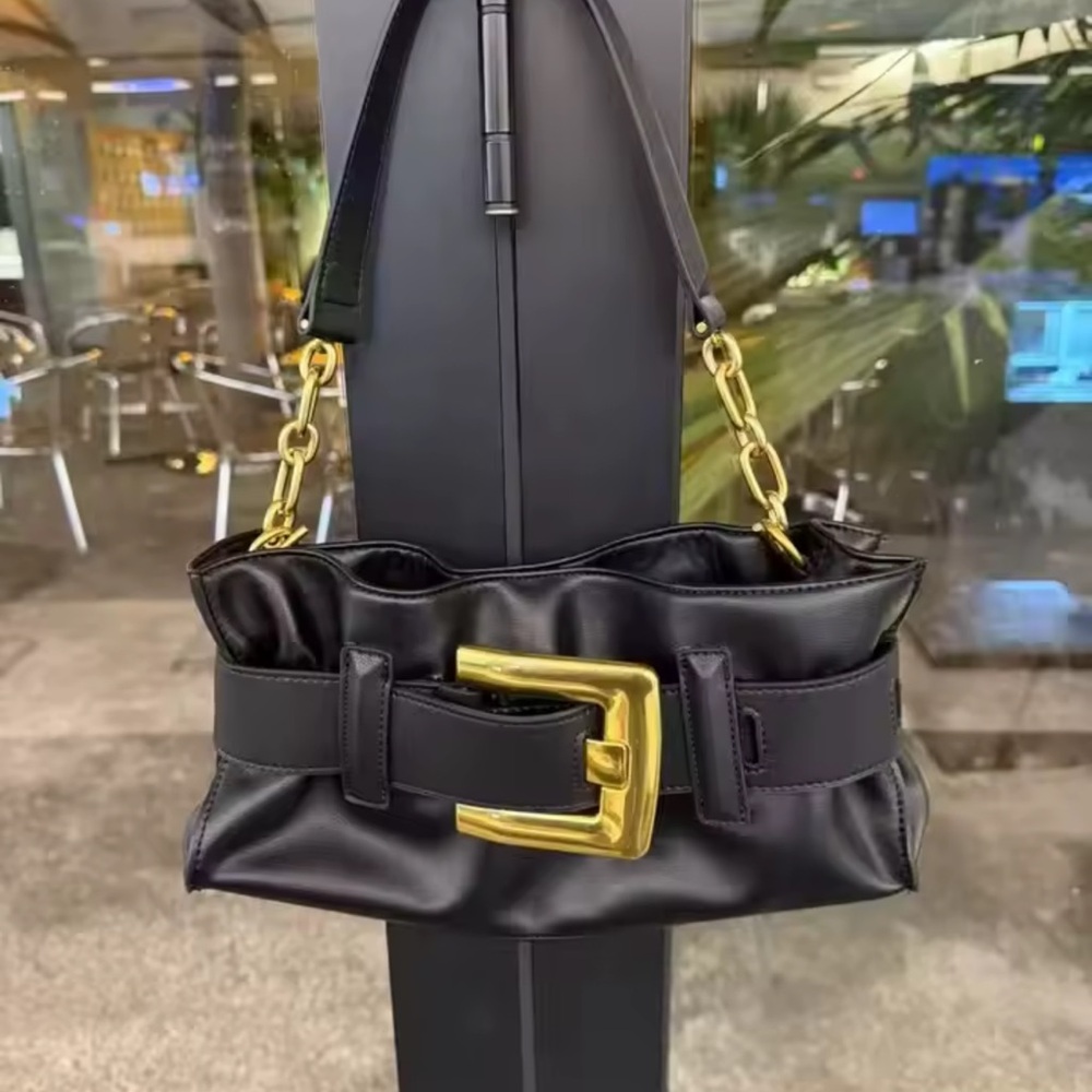 Black Leather Handbag with Gold Chain crossbody
